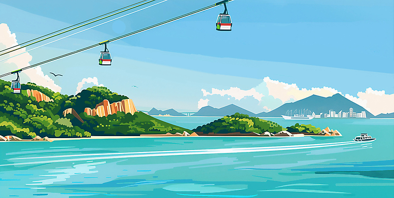 JPG 나무 구름 바다 섬 여행 일러스트 자연 갈매기 하늘 산 사람없음 숲 케이블카 선박 국내일러스트 AI일러스트 AI콘텐츠 자연요소 식물 수상교통 조류 생태계 파일형식