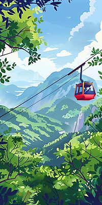 JPG 나무 구름 여행 일러스트 자연 하늘 산 사람없음 숲 케이블카 국내일러스트 AI일러스트 AI콘텐츠 자연요소 식물 생태계 파일형식