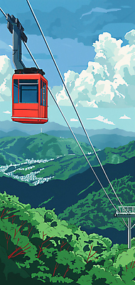 JPG 나무 구름 여행 일러스트 자연 하늘 산 사람없음 숲 케이블카 국내일러스트 AI일러스트 AI콘텐츠 자연요소 식물 생태계 파일형식