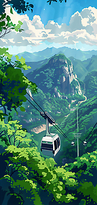 JPG 나무 구름 무료이미지 여행 일러스트 자연 하늘 산 사람없음 숲 케이블카 국내일러스트 AI일러스트 AI콘텐츠 자연요소 식물 생태계 파일형식