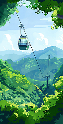 JPG 나무 구름 여행 일러스트 자연 하늘 산 사람없음 숲 케이블카 국내일러스트 AI일러스트 AI콘텐츠 자연요소 식물 생태계 파일형식