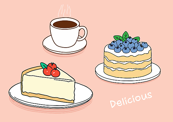 커피 음식 일러스트 디저트 사람없음 케이크 조각케이크 드로잉 치즈케이크 딸기케이크 국내일러스트 AI파일 음료 딸기 미술 파일형식 벡터