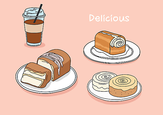 커피 음식 빵 일러스트 디저트 사람없음 케이크 아이스커피 롤케이크 국내일러스트 AI파일 음료 파일형식 벡터