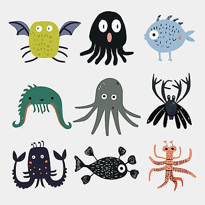 캐릭터 여러마리 일러스트 사람없음 귀여움 다양 몬스터 엘리먼트 일러캐릭터 AI파일 다수 컨셉 파일형식 벡터