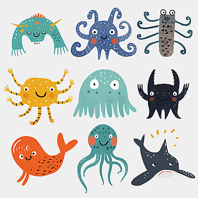 캐릭터 여러마리 일러스트 사람없음 귀여움 다양 몬스터 엘리먼트 일러캐릭터 AI파일 다수 컨셉 파일형식 벡터