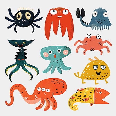 캐릭터 여러마리 일러스트 사람없음 귀여움 다양 몬스터 엘리먼트 일러캐릭터 AI파일 다수 컨셉 파일형식 벡터