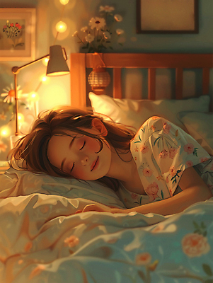 JPG 여자 일러스트 조명 따뜻함 한명 미소 상반신 성인 침대 잠 포근함 성인여자한명만 국내일러스트 AI일러스트 AI콘텐츠 1 가구 표정 사람 감각 여자한명만 성인여자만 파일형식