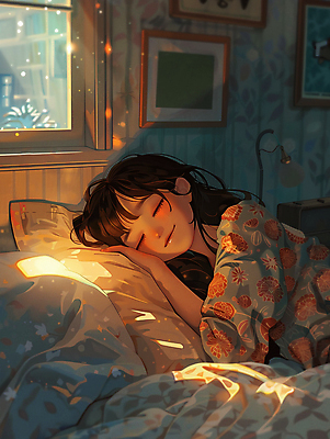 JPG 여자 액자 일러스트 창문 베개 조명 따뜻함 한명 미소 상반신 성인 이불 침대 잠 포근함 성인여자한명만 국내일러스트 AI일러스트 AI콘텐츠 1 가구 침구 표정 사람 감각 여자한명만 성인여자만 파일형식