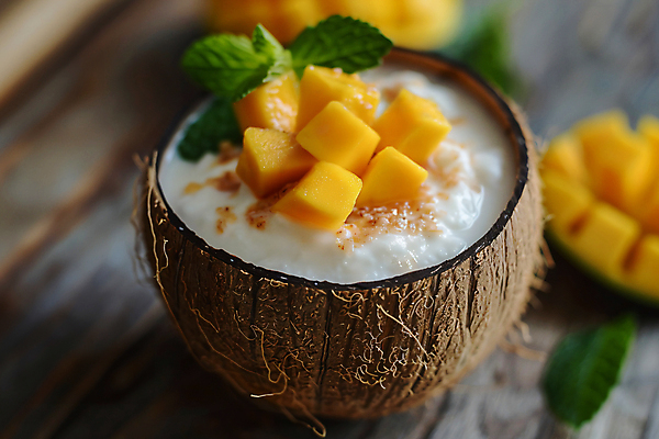 JPG 편집이미지 디저트 사람없음 유행 민트 디지털합성 코코넛 망고 편집실사 망고사고 AI포토 AI콘텐츠 음식 과일 허브 CG 열대과일 파일형식 사고_디저트