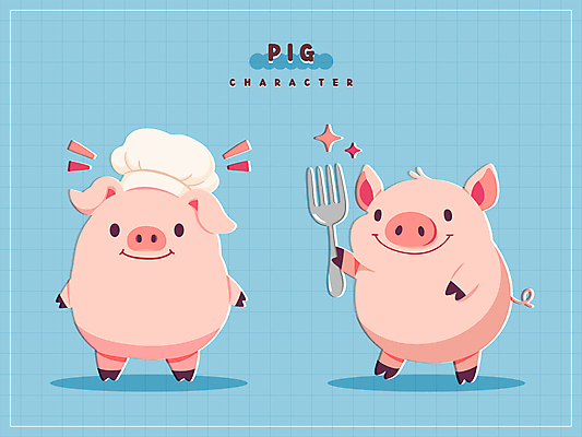 캐릭터 동물캐릭터 포크 스티커 일러스트 요리사모자 들기 사람없음 파란색 반짝임 요리사 돼지 일러캐릭터 AI파일 동물 직업 모자_잡화 식기 컬러 포유류 모션 파일형식 벡터