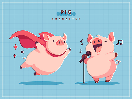캐릭터 동물캐릭터 스티커 두마리 음표 일러스트 노래 사람없음 파란색 점프 스탠드 비행 잡기 돼지 망토 마이크 일러캐릭터 AI파일 동물 기호 음악 컬러 음향기기 2 포유류 모션 조명 파일형식 벡터