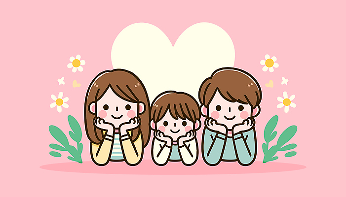 여자 남자 행복 어린이 분홍색 일러스트 가족 사랑 웃음 소년 성인 세명 부모 턱괴기 자녀 꽃받침 국내일러스트 AI파일 감정 컬러 관계 모션 표정 사람 손짓 파일형식 벡터