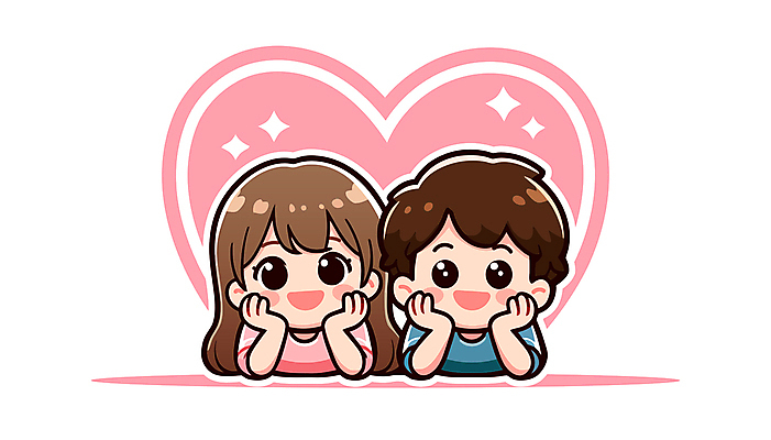 여자 남자 행복 어린이 분홍색 일러스트 가족 사랑 미소 웃음 소녀 소년 두명 턱괴기 자녀 하트 형제 꽃받침 어린이만 국내일러스트 AI파일 모양 감정 컬러 관계 모션 표정 사람 손짓 파일형식 벡터