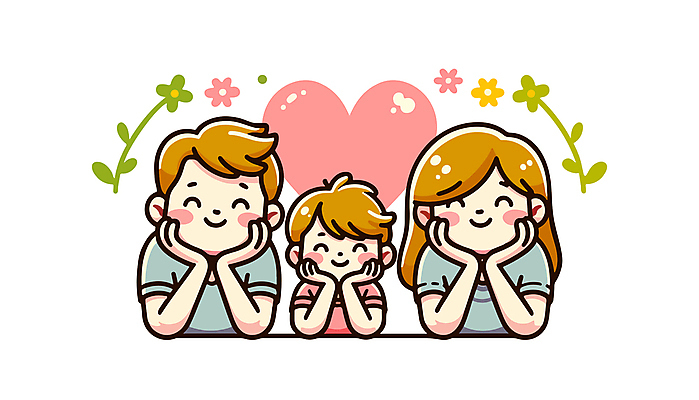 여자 남자 행복 어린이 분홍색 일러스트 가족 사랑 웃음 소년 성인 세명 부모 턱괴기 자녀 꽃받침 국내일러스트 AI파일 감정 컬러 관계 모션 표정 사람 손짓 파일형식 벡터