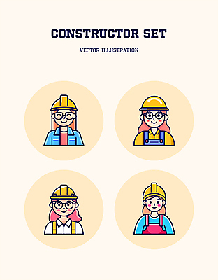 여자 안경 인물캐릭터 라인일러스트 일러스트 노동자 작업복 여러명 성인 안전모 헬멧 라인아트 엘리먼트 성인여자만 벡터 건설근로자 일러캐릭터 AI파일 직업 캐릭터 잡화 옷 선 다수 사람 안전장비 보호장비 여자만 성인만 파일형식