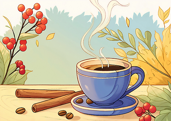 JPG 커피 일러스트 자연 탁자 휴식 나뭇잎 잔 따뜻함 사람없음 원두 가을 커피잔 향기 시나몬 국내일러스트 AI일러스트 AI콘텐츠 식기 계절 음료 가구 컨셉 잎 생태계 냄새 파일형식