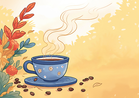 JPG 커피 일러스트 자연 탁자 휴식 나뭇잎 잔 따뜻함 사람없음 원두 가을 커피잔 향기 국내일러스트 AI일러스트 AI콘텐츠 식기 계절 음료 가구 컨셉 잎 생태계 냄새 파일형식
