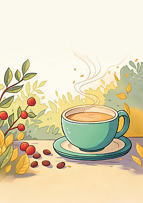 JPG 커피 일러스트 자연 탁자 휴식 나뭇잎 잔 따뜻함 사람없음 원두 가을 커피잔 향기 국내일러스트 AI일러스트 AI콘텐츠 식기 계절 음료 가구 컨셉 잎 생태계 냄새 파일형식