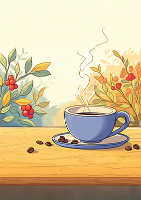 JPG 커피 일러스트 자연 탁자 휴식 나뭇잎 잔 따뜻함 사람없음 평화 원두 가을 커피잔 향기 국내일러스트 AI일러스트 AI콘텐츠 식기 계절 음료 가구 컨셉 잎 생태계 냄새 파일형식