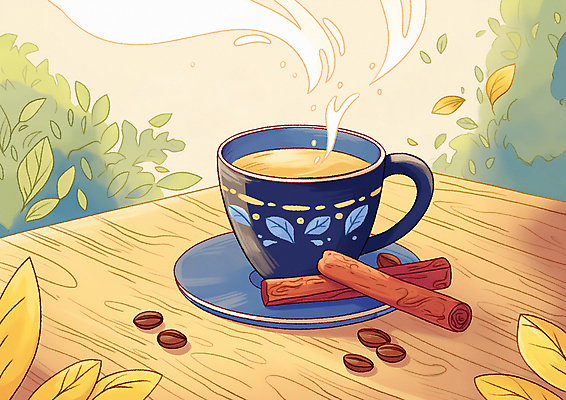 JPG 커피 일러스트 자연 탁자 휴식 나뭇잎 잔 따뜻함 사람없음 원두 가을 커피잔 향기 시나몬스틱 국내일러스트 AI일러스트 AI콘텐츠 식기 계절 음료 가구 컨셉 잎 생태계 냄새 시나몬 파일형식