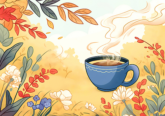 JPG 꽃 커피 일러스트 자연 탁자 휴식 나뭇잎 잔 따뜻함 사람없음 원두 가을 커피잔 향기 국내일러스트 AI일러스트 AI콘텐츠 식물 식기 계절 음료 가구 컨셉 잎 생태계 냄새 파일형식
