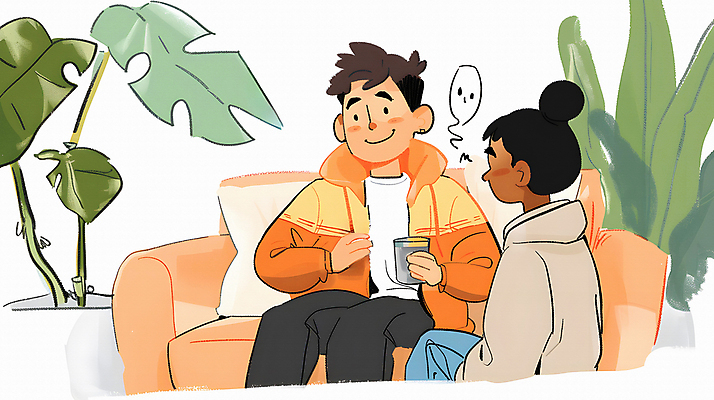 JPG 서양인 여자 남자 음료 의자 일러스트 휴식 실내 대화 웃음 들기 앉기 동양인 성인 두명 컵 친구 소파 편안함 관엽식물 성인만 국내일러스트 AI일러스트 AI콘텐츠 외국인 식물 식기 가구 컨셉 관계 모션 표정 말하기 사람 인종 내부 감각 파일형식