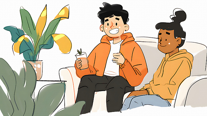 JPG 서양인 여자 남자 음료 의자 일러스트 휴식 실내 대화 웃음 들기 앉기 동양인 성인 두명 친구 소파 편안함 관엽식물 성인만 국내일러스트 AI일러스트 AI콘텐츠 외국인 식물 가구 컨셉 관계 모션 표정 말하기 사람 인종 내부 감각 파일형식