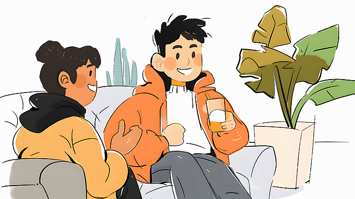 JPG 서양인 여자 남자 음료 의자 일러스트 휴식 실내 대화 웃음 들기 앉기 동양인 성인 두명 컵 친구 소파 편안함 관엽식물 성인만 국내일러스트 AI일러스트 AI콘텐츠 외국인 식물 식기 가구 컨셉 관계 모션 표정 말하기 사람 인종 내부 감각 파일형식