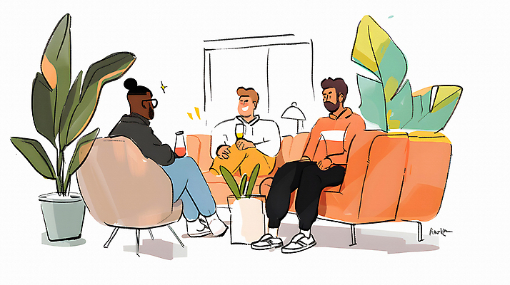 JPG 서양인 남자 음료 의자 일러스트 휴식 잔 실내 대화 웃음 들기 앉기 동양인 성인 세명 친구 소파 편안함 관엽식물 성인남자만 국내일러스트 AI일러스트 AI콘텐츠 외국인 식물 식기 가구 컨셉 관계 모션 표정 말하기 사람 인종 내부 감각 남자만 성인만 파일형식