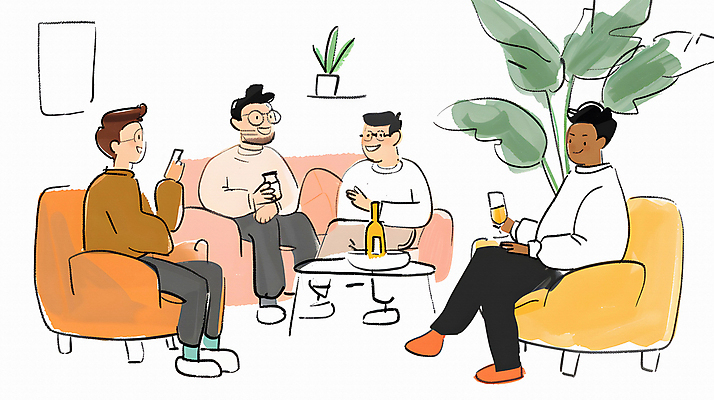 JPG 서양인 남자 음료 의자 일러스트 휴식 실내 대화 웃음 들기 앉기 동양인 여러명 성인 친구 소파 편안함 관엽식물 성인남자만 국내일러스트 AI일러스트 AI콘텐츠 외국인 식물 가구 다수 컨셉 관계 모션 표정 말하기 사람 인종 내부 감각 남자만 성인만 파일형식