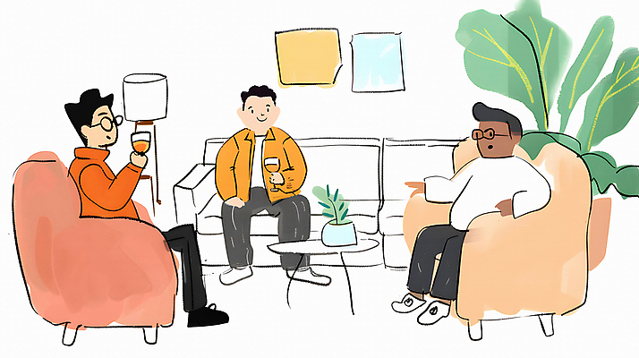 JPG 서양인 남자 음료 의자 일러스트 휴식 실내 대화 웃음 들기 앉기 동양인 성인 세명 친구 소파 편안함 관엽식물 성인남자만 국내일러스트 AI일러스트 AI콘텐츠 외국인 식물 가구 컨셉 관계 모션 표정 말하기 사람 인종 내부 감각 남자만 성인만 파일형식