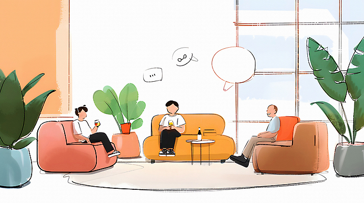 JPG 서양인 남자 음료 의자 일러스트 휴식 실내 대화 웃음 들기 앉기 동양인 성인 세명 친구 소파 편안함 관엽식물 성인남자만 국내일러스트 AI일러스트 AI콘텐츠 외국인 식물 가구 컨셉 관계 모션 표정 말하기 사람 인종 내부 감각 남자만 성인만 파일형식