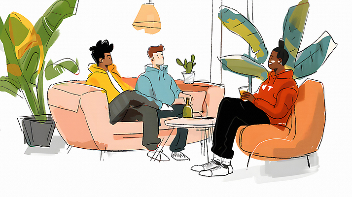 JPG 서양인 남자 음료 의자 일러스트 휴식 실내 대화 웃음 들기 앉기 동양인 성인 세명 친구 소파 편안함 관엽식물 성인남자만 국내일러스트 AI일러스트 AI콘텐츠 외국인 식물 가구 컨셉 관계 모션 표정 말하기 사람 인종 내부 감각 남자만 성인만 파일형식