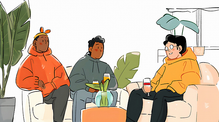 JPG 서양인 남자 음료 의자 일러스트 휴식 잔 실내 대화 웃음 들기 앉기 동양인 성인 세명 친구 소파 편안함 관엽식물 성인남자만 국내일러스트 AI일러스트 AI콘텐츠 외국인 식물 식기 가구 컨셉 관계 모션 표정 말하기 사람 인종 내부 감각 남자만 성인만 파일형식