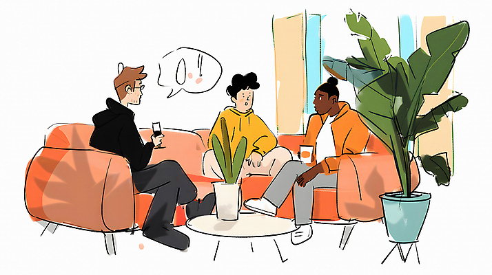 JPG 서양인 남자 음료 말풍선 의자 일러스트 휴식 실내 대화 웃음 들기 앉기 동양인 성인 세명 친구 소파 편안함 관엽식물 성인남자만 국내일러스트 AI일러스트 AI콘텐츠 외국인 식물 가구 컨셉 관계 모션 표정 말하기 사람 인종 내부 감각 남자만 성인만 파일형식