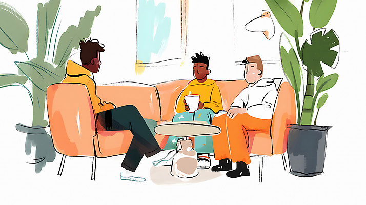 JPG 서양인 남자 음료 의자 일러스트 휴식 실내 대화 웃음 들기 앉기 동양인 성인 세명 친구 소파 편안함 관엽식물 성인남자만 국내일러스트 AI일러스트 AI콘텐츠 외국인 식물 가구 컨셉 관계 모션 표정 말하기 사람 인종 내부 감각 남자만 성인만 파일형식