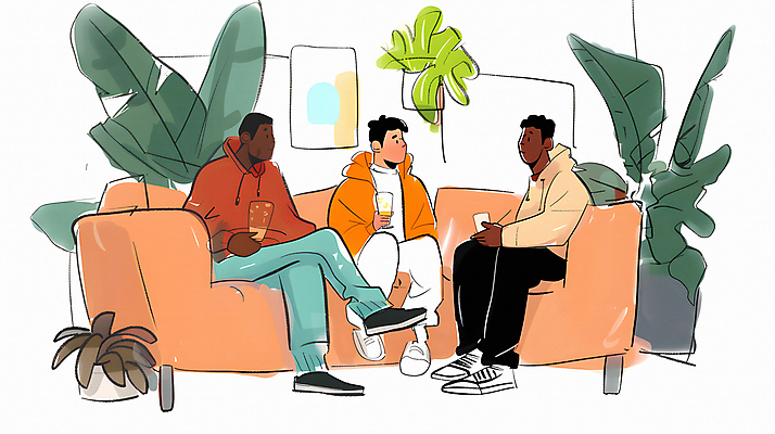 JPG 서양인 남자 음료 의자 일러스트 휴식 잔 실내 대화 웃음 들기 앉기 동양인 성인 세명 친구 소파 편안함 관엽식물 성인남자만 국내일러스트 AI일러스트 AI콘텐츠 외국인 식물 식기 가구 컨셉 관계 모션 표정 말하기 사람 인종 내부 감각 남자만 성인만 파일형식