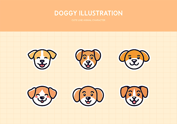 얼굴 스티커 일러스트 미소 사람없음 세트 귀여움 주황색 강아지 라인아트 엘리먼트 국내일러스트 AI파일 선 컬러 컨셉 표정 신체부위 반려동물 개 파일형식 벡터