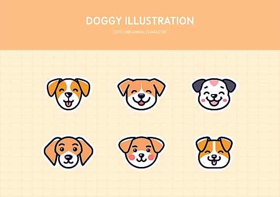 얼굴 스티커 일러스트 미소 사람없음 세트 귀여움 주황색 강아지 라인아트 엘리먼트 국내일러스트 AI파일 선 컬러 컨셉 표정 신체부위 반려동물 개 파일형식 벡터
