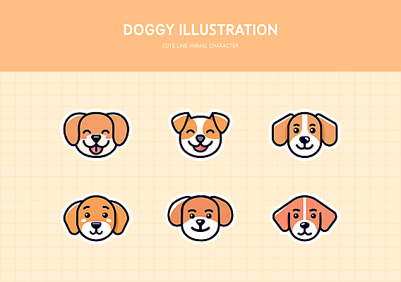 얼굴 스티커 일러스트 미소 사람없음 세트 귀여움 주황색 강아지 라인아트 엘리먼트 국내일러스트 AI파일 선 컬러 컨셉 표정 신체부위 반려동물 개 파일형식 벡터
