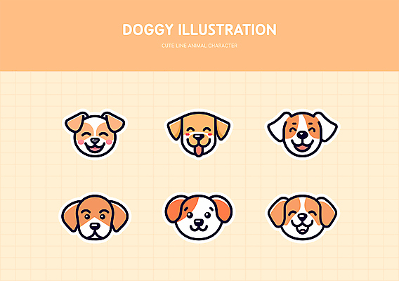 얼굴 스티커 일러스트 미소 사람없음 세트 귀여움 주황색 강아지 라인아트 엘리먼트 국내일러스트 AI파일 선 컬러 컨셉 표정 신체부위 반려동물 개 파일형식 벡터