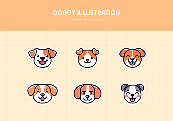 얼굴 스티커 일러스트 미소 사람없음 세트 귀여움 주황색 강아지 라인아트 엘리먼트 국내일러스트 AI파일 선 컬러 컨셉 표정 신체부위 반려동물 개 파일형식 벡터