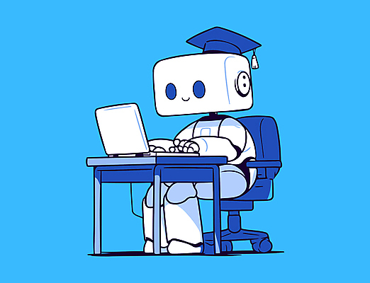 교육 일러스트 학사모 미래 사람없음 파란색 노트북 디지털 스마트 로봇 책상 도우미 AI_인공지능 국내일러스트 AI파일 모자_잡화 컬러 가구 컨셉 졸업 전자제품 파일형식 벡터