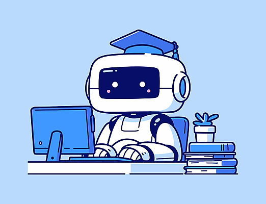 교육 일러스트 학사모 미래 사람없음 책 파란색 컴퓨터 디지털 모니터 키보드 스마트 로봇 도우미 AI_인공지능 국내일러스트 AI파일 모자_잡화 컬러 컨셉 졸업 전자제품 파일형식 벡터