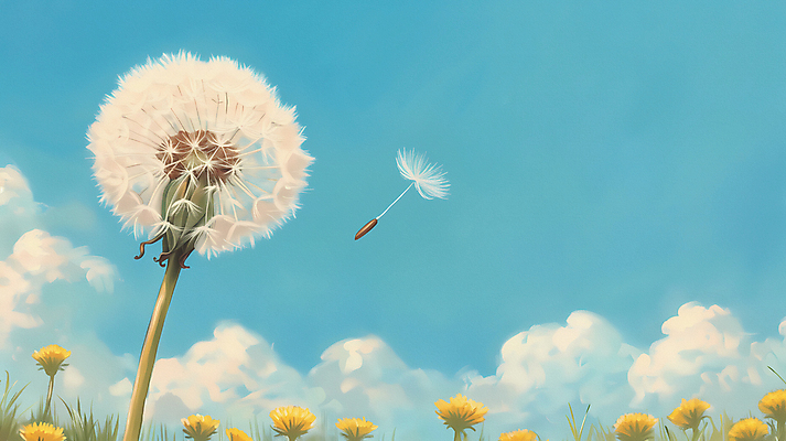 JPG 구름 하늘색 일러스트 자연 하늘 바람 풍경 사람없음 여름 평화 민들레 민들레홀씨 국내일러스트 AI일러스트 AI콘텐츠 자연요소 계절 꽃 컨셉 날씨 파란색 생태계 파일형식