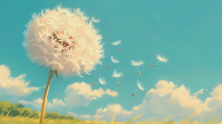 JPG 구름 하늘색 일러스트 자연 하늘 바람 풍경 초원 사람없음 여름 평화 민들레 민들레홀씨 국내일러스트 AI일러스트 AI콘텐츠 자연요소 계절 꽃 컨셉 날씨 파란색 생태계 파일형식