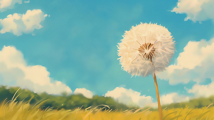JPG 구름 하늘색 일러스트 자연 하늘 바람 풍경 초원 사람없음 여름 평화 민들레 민들레홀씨 국내일러스트 AI일러스트 AI콘텐츠 자연요소 계절 꽃 컨셉 날씨 파란색 생태계 파일형식