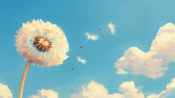 JPG 구름 하늘색 일러스트 자연 하늘 바람 풍경 사람없음 여름 평화 민들레 민들레홀씨 국내일러스트 AI일러스트 AI콘텐츠 자연요소 계절 꽃 컨셉 날씨 파란색 생태계 파일형식