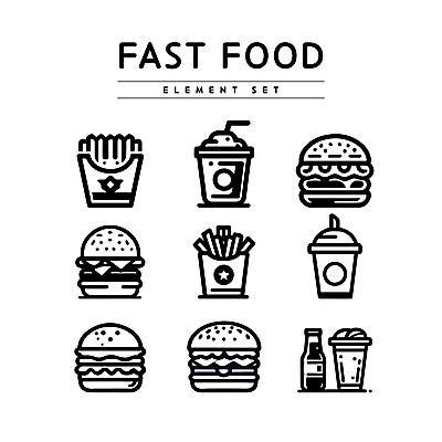 라인일러스트 일러스트 패스트푸드 사람없음 컵 감자튀김 햄버거 쉐이크 엘리먼트 치즈버거 국내일러스트 AI파일 식기 음료 감자 튀김 인스턴트 파일형식 벡터