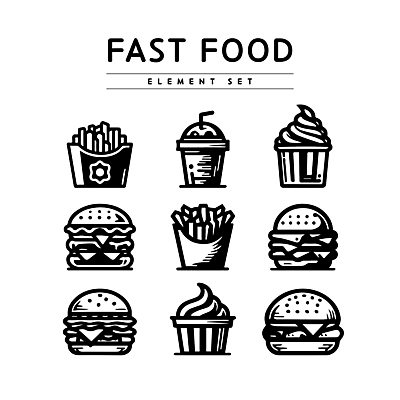 라인일러스트 일러스트 패스트푸드 사람없음 컵 감자튀김 햄버거 쉐이크 엘리먼트 치즈버거 국내일러스트 AI파일 식기 음료 감자 튀김 인스턴트 파일형식 벡터